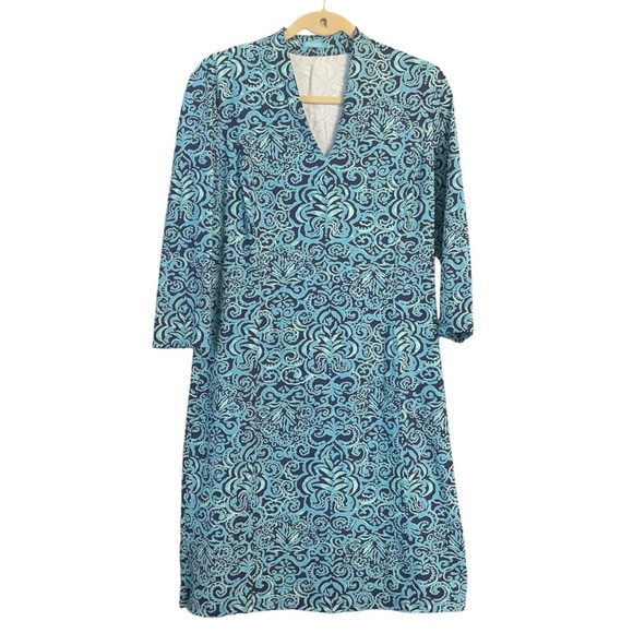 J. McLaughlin IVANA DRESS Women’s M NAVY/BLUE Mosaic PRINT CATALINA CLOTH - Picture 1 of 9